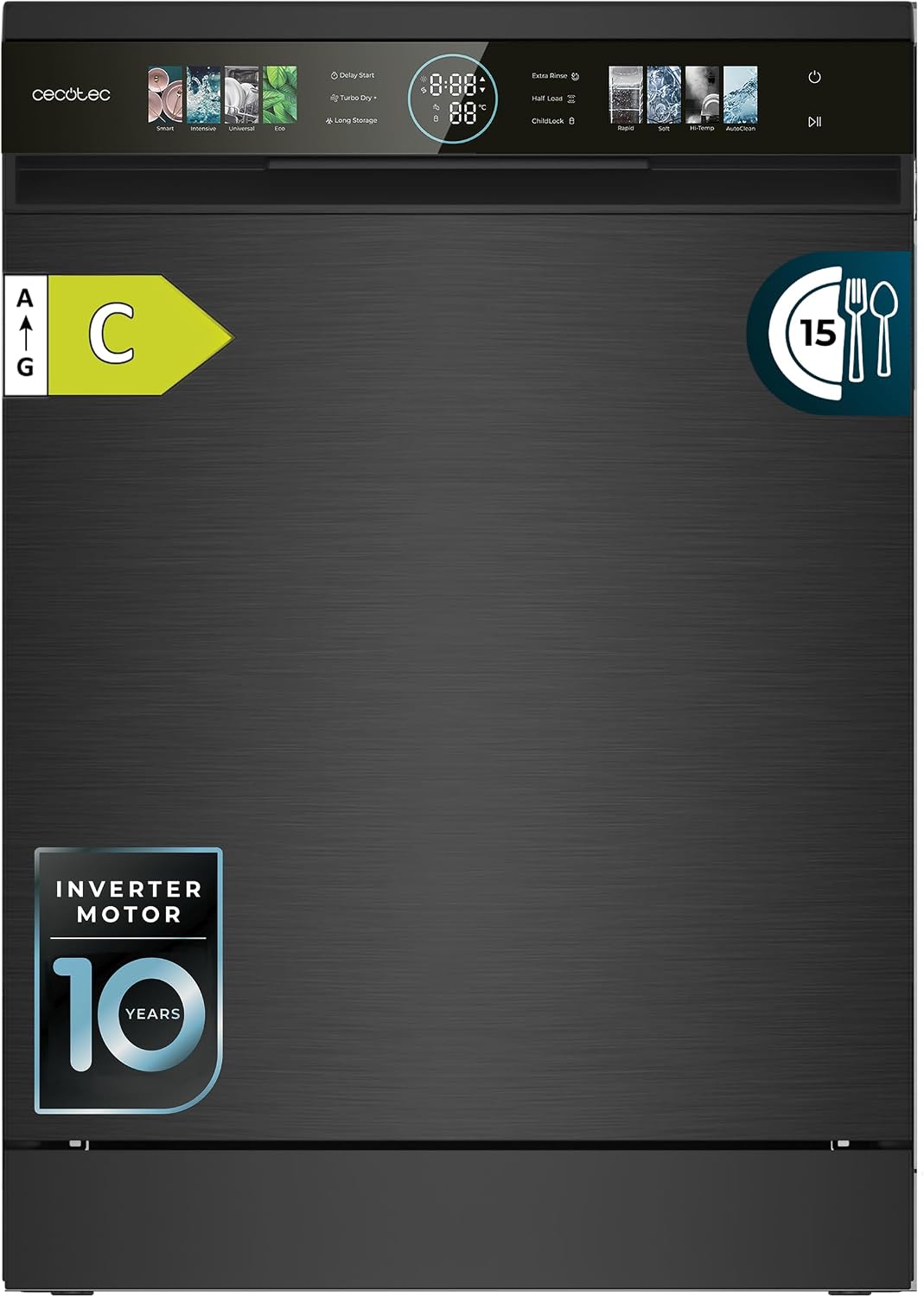 Lavavajillas de Cecotec, Compacto de 60cm Bolero Aguazero 6620 Dark C, 1850W, 15 Cubiertos, 8 Programas, Motor Inverter, Pantalla FullColor XXL, Smart
