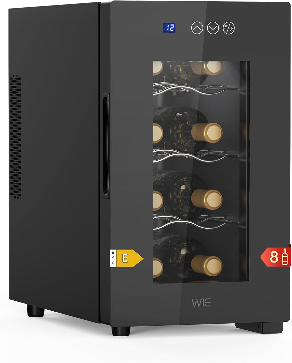 WIE Vinoteca, 8 Botellas, Refrigeración Termoeléctrica, Nevera Vinos con Control de Pantalla Táctil, Puerta de Cristal Espejado, Estantes Ajustables