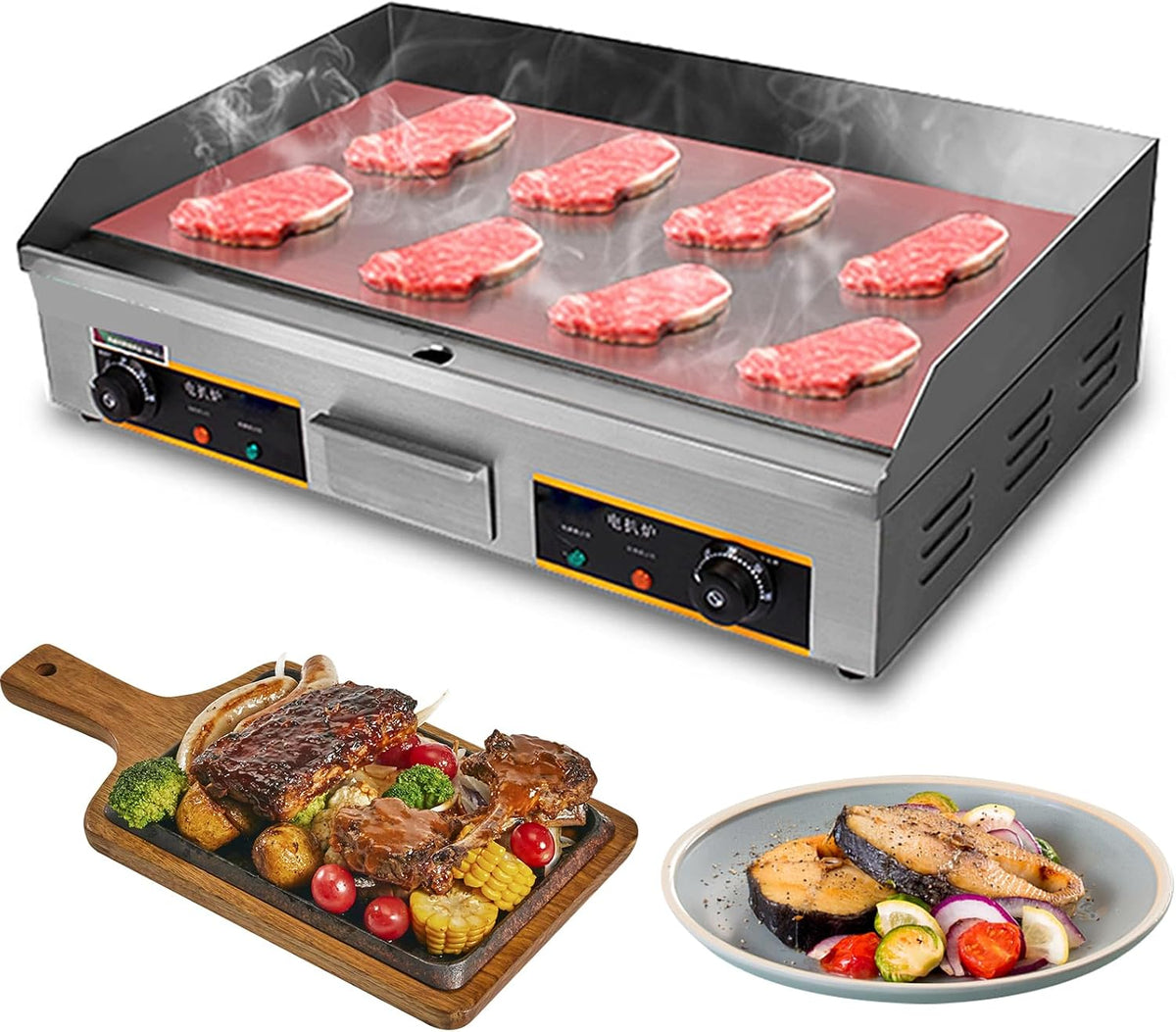 Planchas eléctrica de RUYICZB, Plancha Eléctrica Profesional 73X40cm con Cepillos Y Palas Eléctrico para Cocina Parrilla Barbacoa Acero Inoxidable