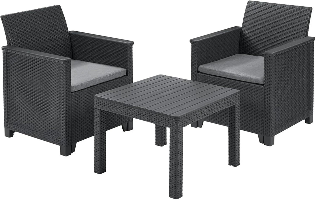 Juegos de comedor de Keter, Emma Conjunto de jardín o terraza Exterior 2 plazas y Mesa con Cojines incluidos, Resina con Acabado ratán Plano, Color