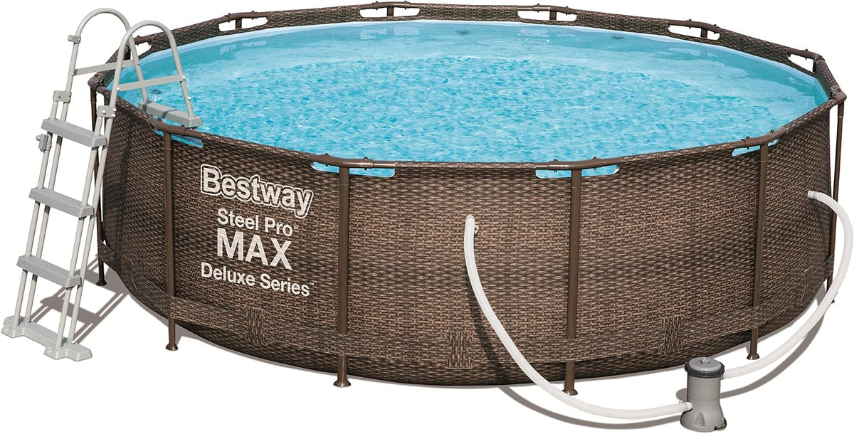 Bestway Piscinas desmontabl, Power Steel Deluxe 366 x 100 cm, Piscina Redonda con Marco de Acero Estable en Juego Completo, ratán, Color Marrón