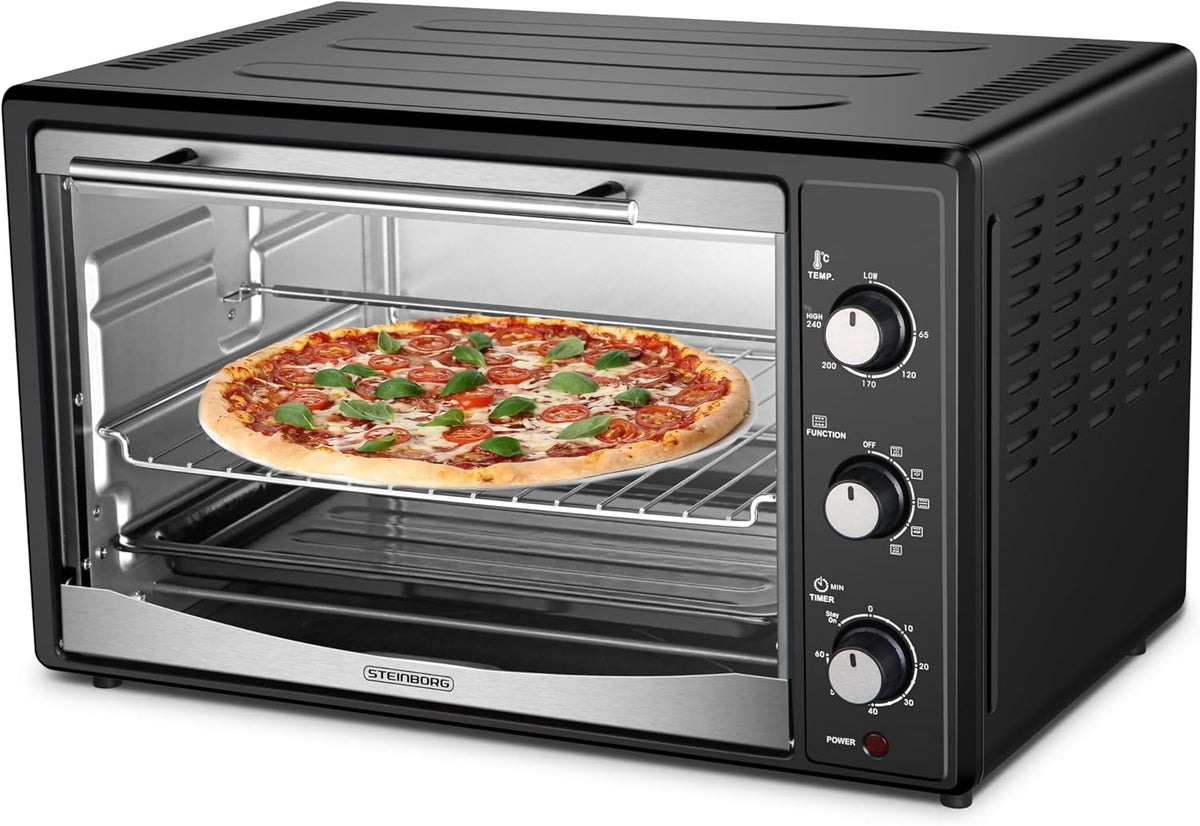 Hornos tostador Mini horno de 45 litros con recirculación, pincho giratorio eléctrico, 1800 W, horno de recirculación, horno para pizza, iluminación
