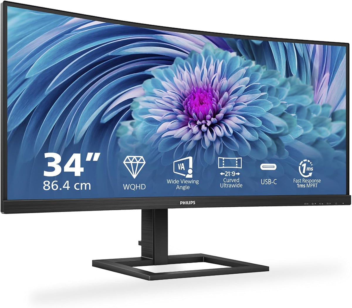 Monitor PHILIPS, s 346E2CUAE/00-34' Curved 1500R, WQHD, 100Hz, 1ms, VA, Adaptive Sync (3440x1440, 300cd/m, 2xHDMI, DisplayPort 1x1.2), Negro