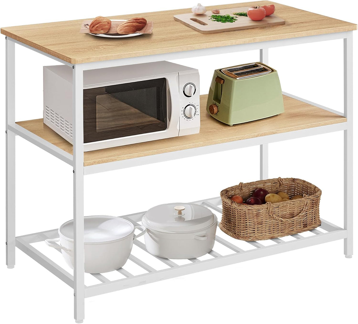Islas de almacenamiento fija de VASAGLE, Isla de Cocina con Encimera Grande, 3 Niveles, 120 x 60 x 90 cm