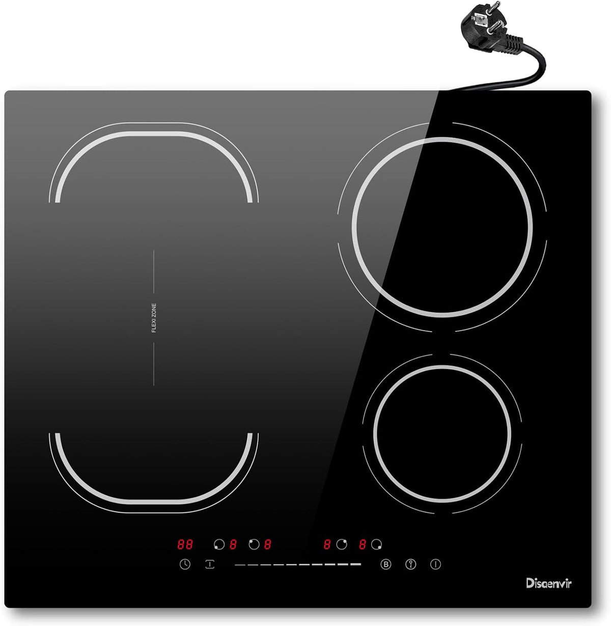 Disaenvir 220-240V Placa de cocina, Inducción 4 Fuegos Empotrable con Enchufe, Vitroceramica induccion 60 cm con Flexible Zona, 9 Niveles de Potencia
