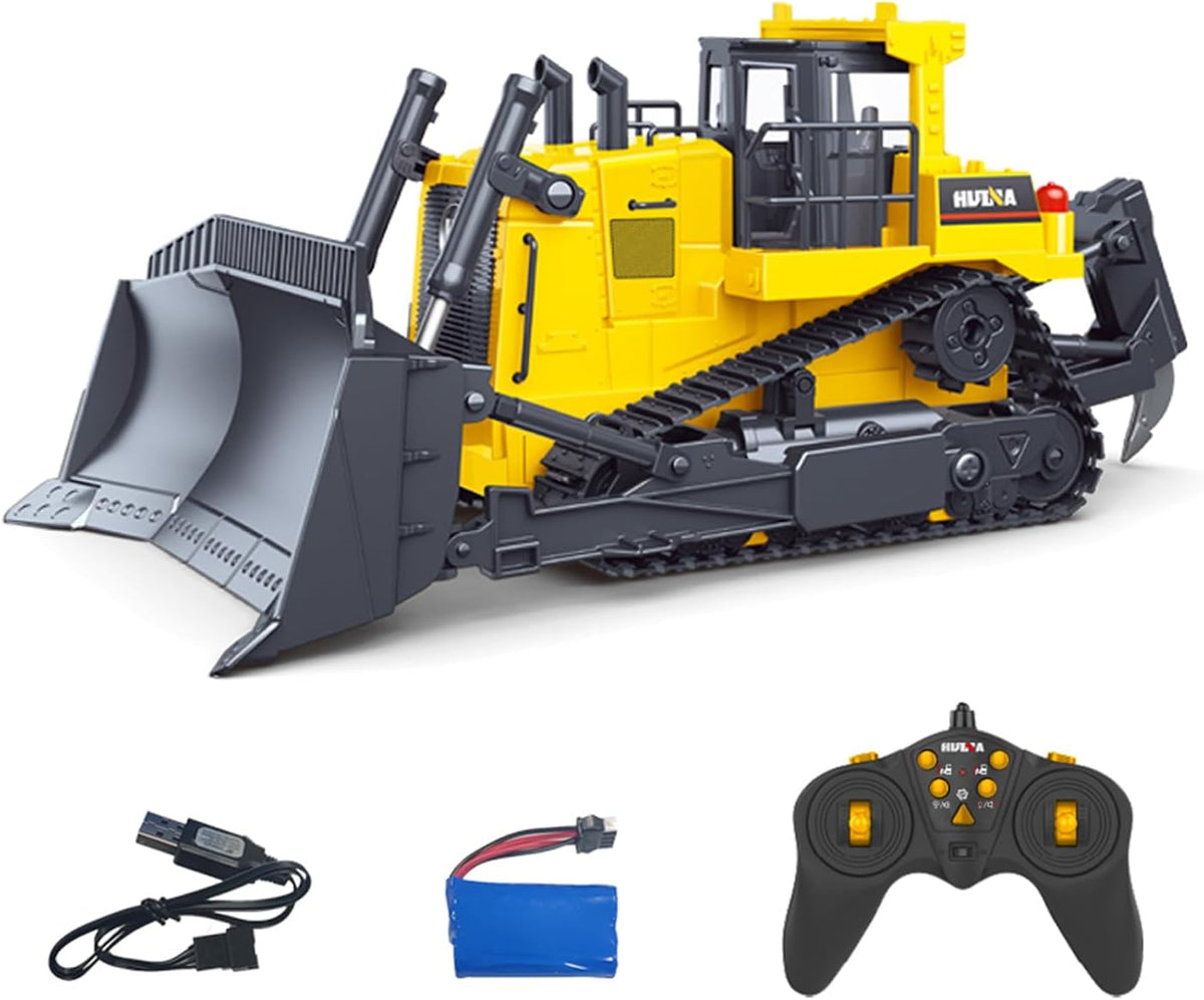 wheelfun Buldócer, HUINA 1/16 - Bulldozer eléctrico a control remoto 1554 RC Dozer modelo acabado metal ripper efecto de luz batería lista para