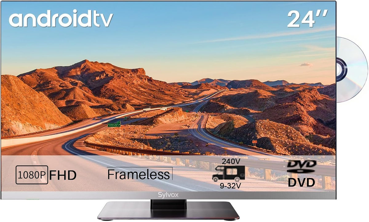 SYLVOX Smart TV, 24' para Autocaravana y Camping, Smart TV 12V 1080P, Bisel Ultrafino, Lector DVD, Amplio Voltaje 9-32V, Sintonizador Triple