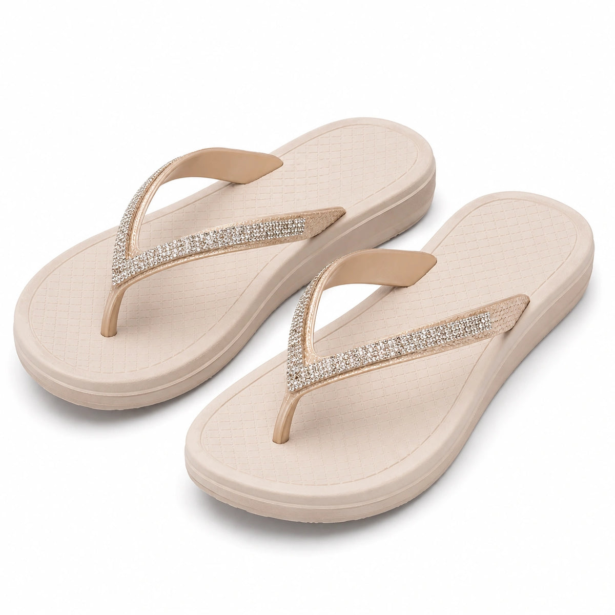Chanclas talla 40/41 beige con tira brillante y suela sintética antideslizante