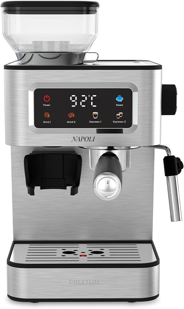 Cafeteras individual Cafetera Espresso Napoli con Molinillo Integrado 22 Niveles, 20 Bares, 1350W, Filtro de Doble Salida, Vaporizador ajustable