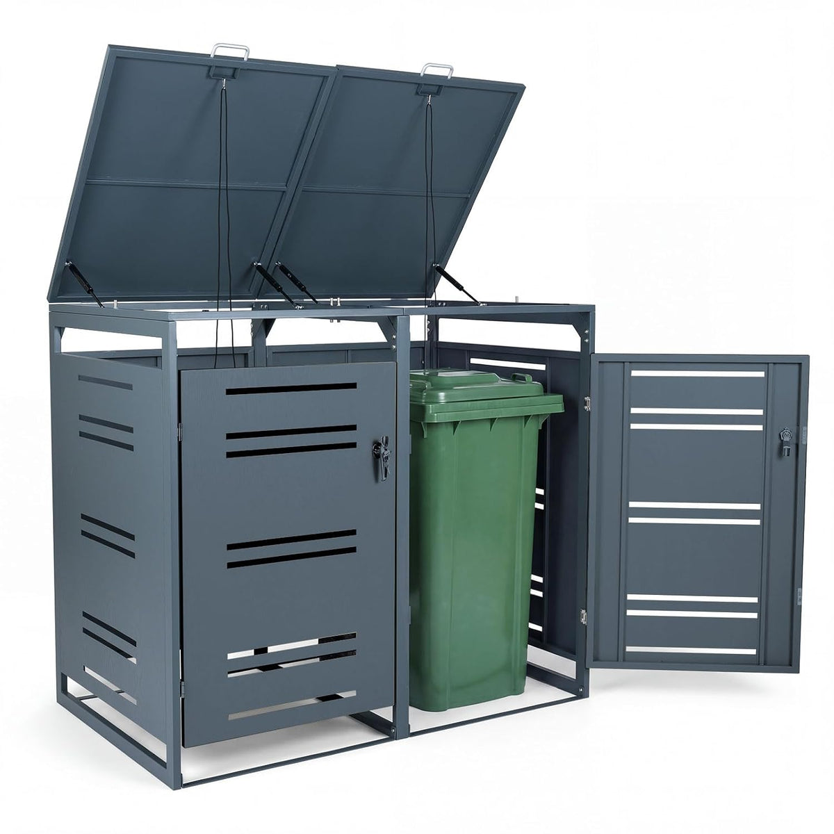 COSTWAY Cubos de basura para la cocina, Cobertizo para 2 Contenedores de Basura, Hierro Galvanizado, Caseta para 2 Cubos 240L y 120L, Tapa Abatible