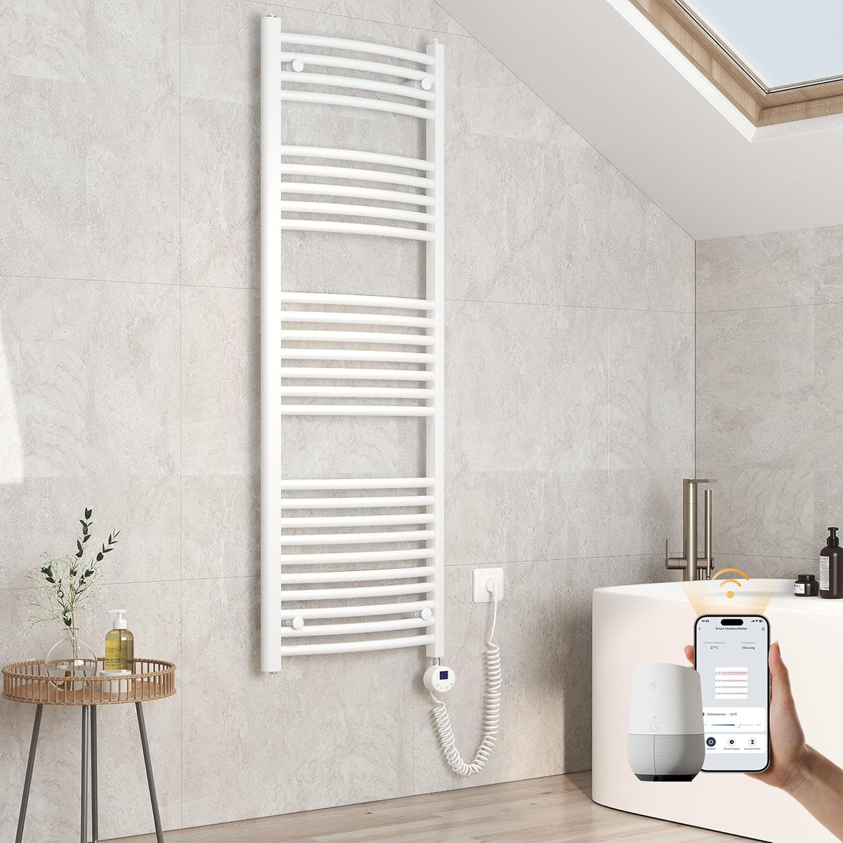 Radiador EMKE, de baño eléctrico Curvado, 1400 x 500 mm, con WiFi, toallero eléctrico, Calentador de Toallas eléctrico, Toalla, radiador de baño con