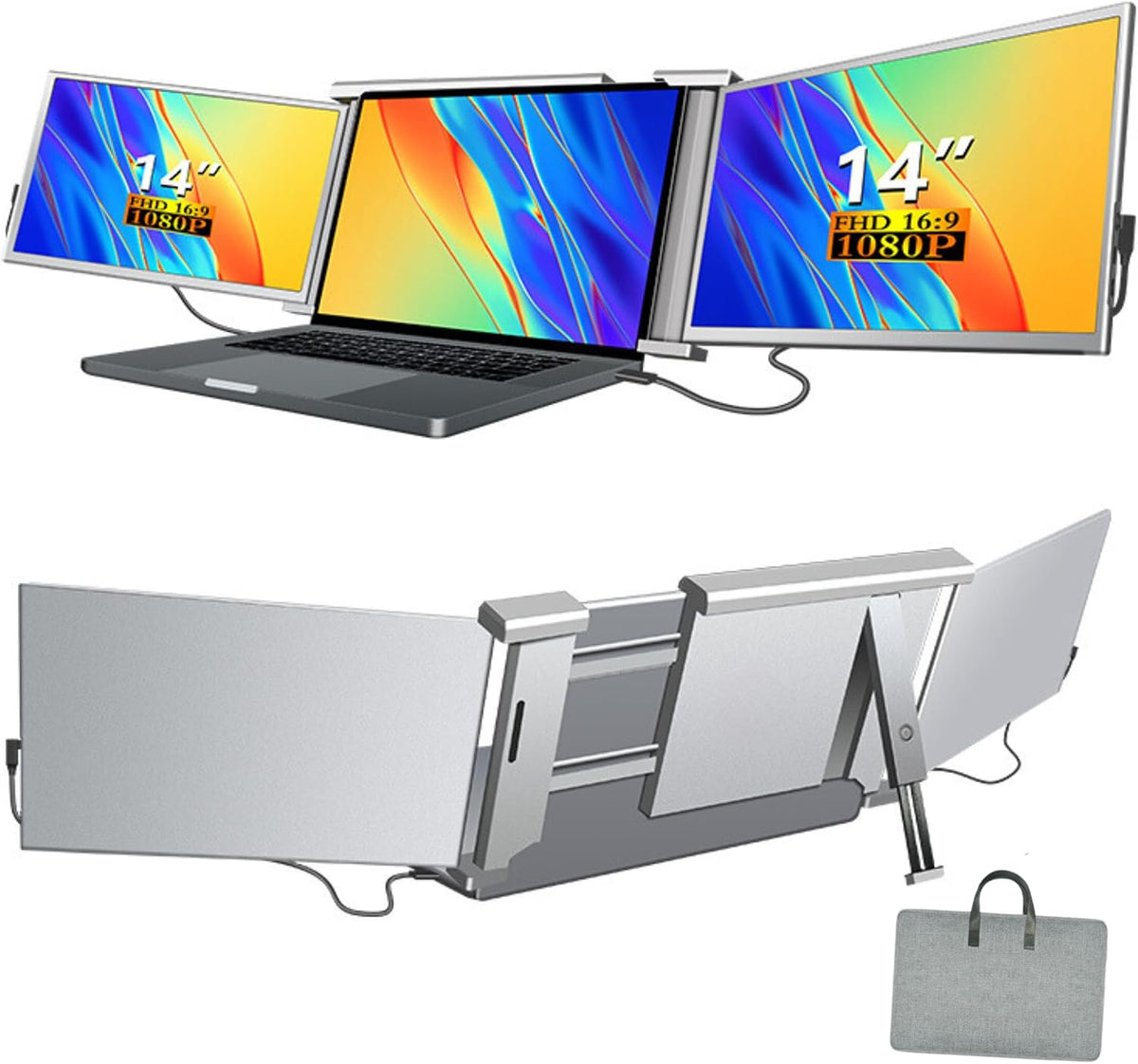 All Home Basics Monitor, Pantalla Portátil Extensible 14' FHD 1080p IPS, Extensor de Pantalla Triple y Doble para Portátiles de 13' a 16.5'
