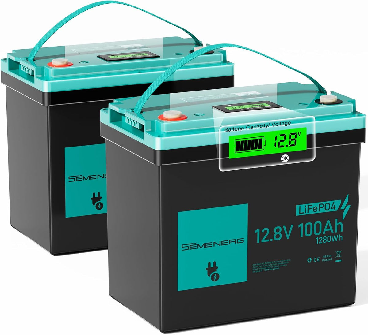 SEMENERG 100A Baterías de ciclo profundo, Bateria Litio LiFePO4 Mini 12V h con LED 2Pack, 100A BMS Inteligentes y Máx.15000 Ciclos, Batería Ciclo