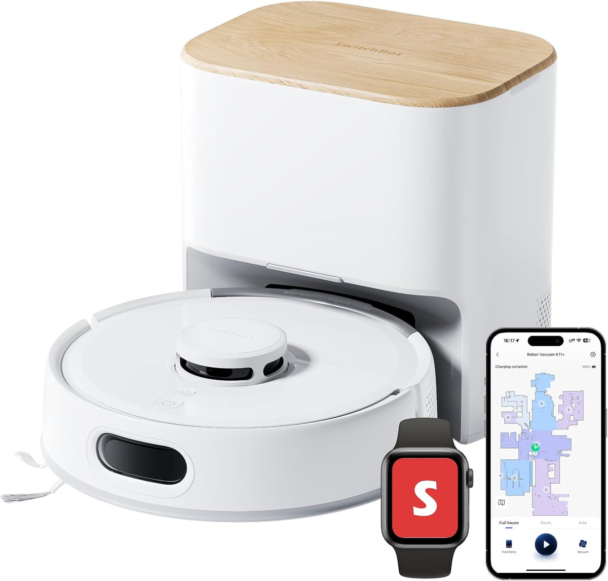 SwitchBot Robot aspirador, K11+ Robot Aspirador con fregona, 6000 Pa de succión, 90 días de Recogida de Polvo, autovaciado LDS Mapeo Inteligente