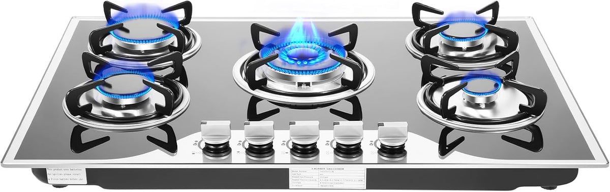 Frederimo Placa de cocina, cocción de gas 5 quemadores, 5 zonas, empotrable LPG/NG, 5 quemadores, de acero inoxidable para gas natural/propano