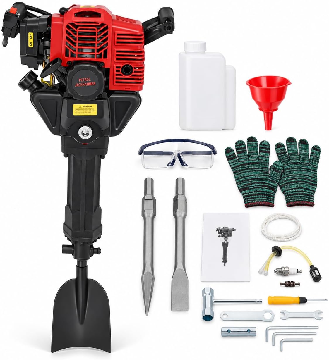 Bdneygtyr Taladro percutor, Martillo de demolición de gasolina de 52 cc, motor de 2 tiempos, 1, 9 kW, 3 en 1 con pala, punta puntiaguda y azada plana