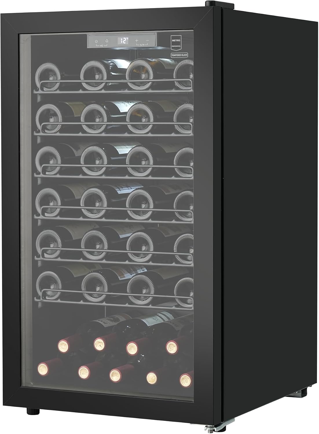 Vinoteca METRO Professional, GWC2052 con Puerta de Cristal, 52 Botellas, 126 L, Termostato Digital, Iluminación LED, 6 Estantes, Negro