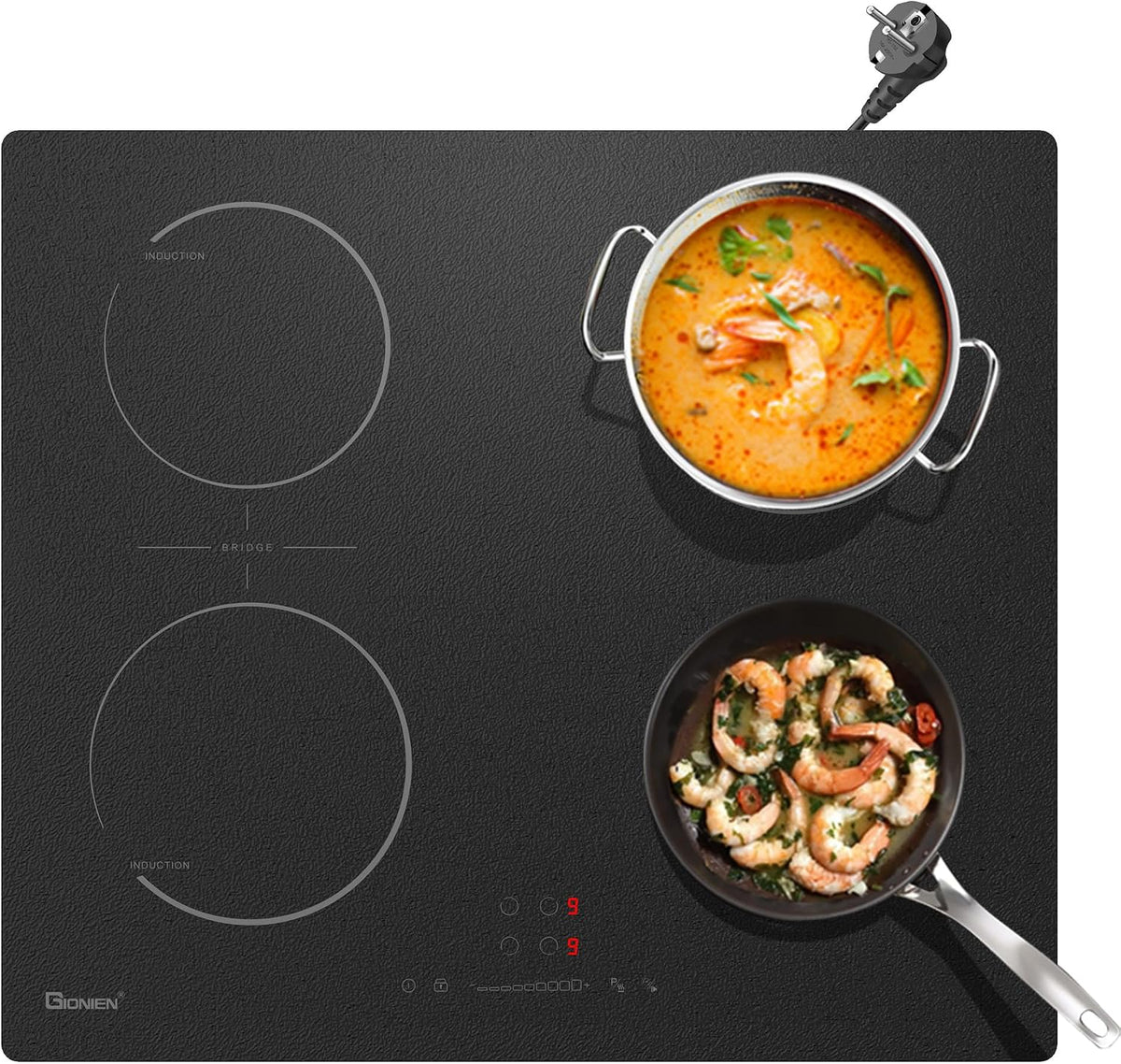 Placa de cocina GITS470VDEF - Placa de inducción con enchufe (60 cm, 16 A, con zona de puente, 4 fuegos, 2800 W, cristal esmerilado negro, enchufe con