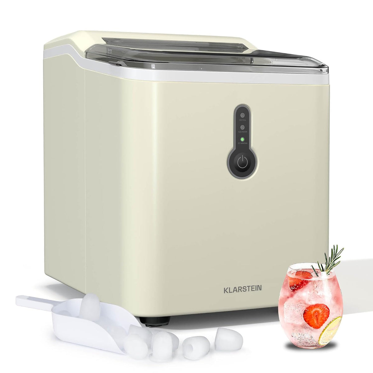 Máquinas para hacer hielo de KLARSTEIN, Cubitera, Pequeña - 12 kg/24 h, ciclo de 8 min, depósito de agua de 1, 5 L, indicadores LED, portátil, tapa