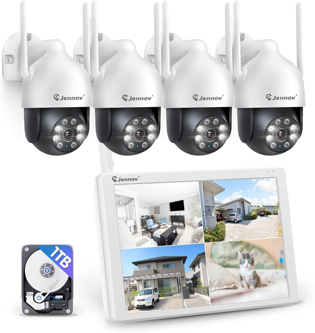 Jennov Kits de vigilancia NVR, 5MP PTZ Kit Cámaras de Vigilancia con 10' Monitor, 10CH 5MP NVR