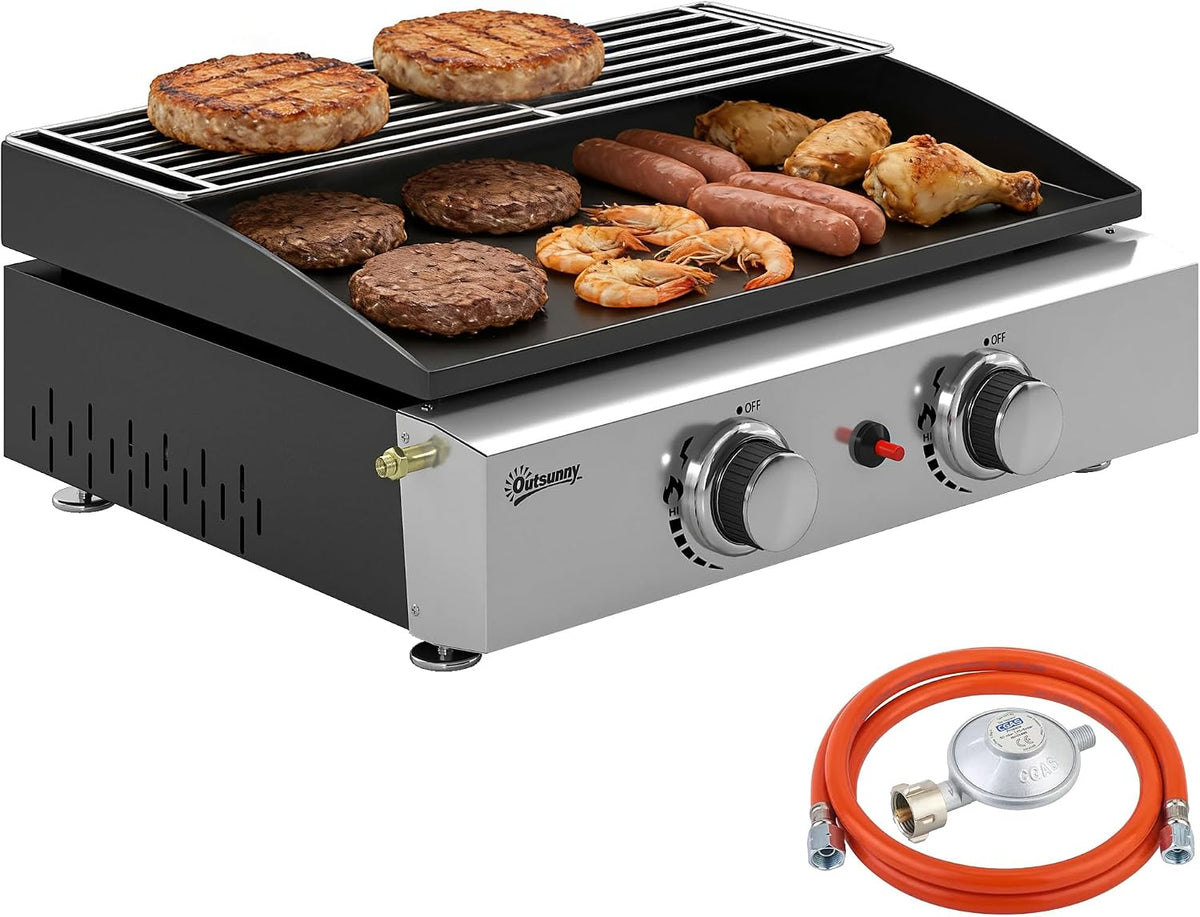 Parrillas de propano de Outsunny, Barbacoa de Gas BBQ Gas 2 Quemadores 5 kW con Plancha Negro