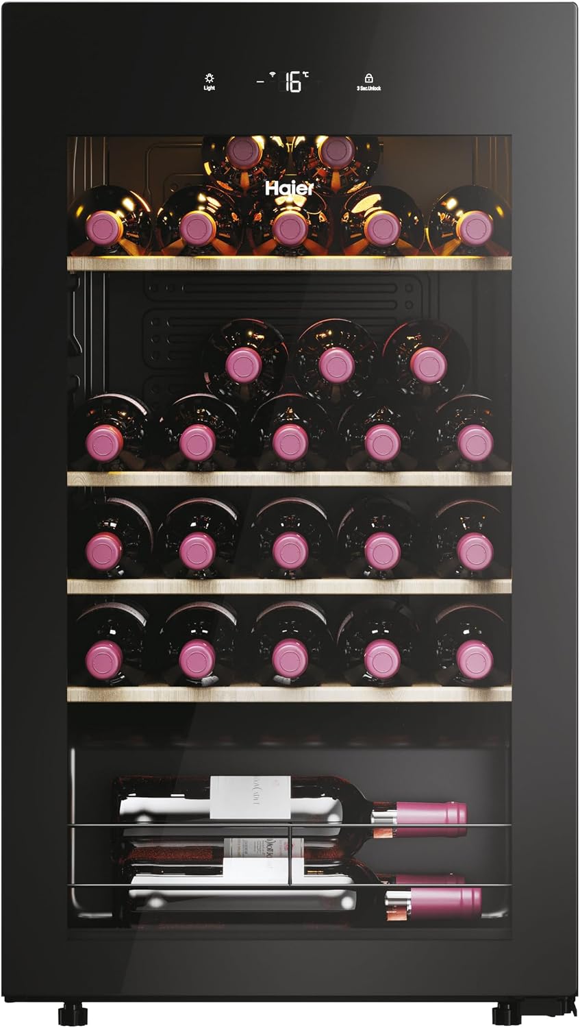 Vinoteca Wine Bank 50 Series 3 HWS34GGH1 - Vinoteca 34 botellas, wifi, Estantes de madera, Cristal Anti-UV, Filtro de carbón, Display Digital