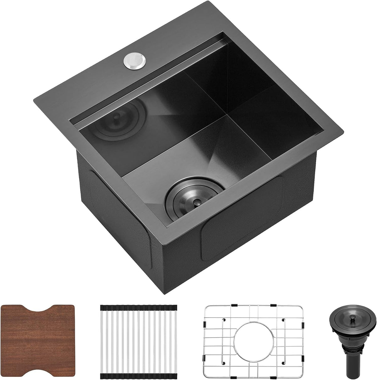 SM021-1SBG-2 de Scamall, fregaderos de un seno, Fregadero de barra de cocina de acero inoxidable negro calibre 16 de 15 x 15 x 9 pulgadas, con