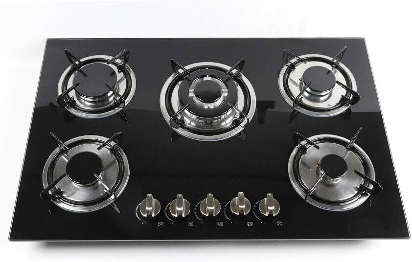 Fetcoi Placa de cocina, Hornillo de gas de 30 pulgadas con 5 llamas, Placa de cocción negra con protección contra incendios, Para gas natural, cocina