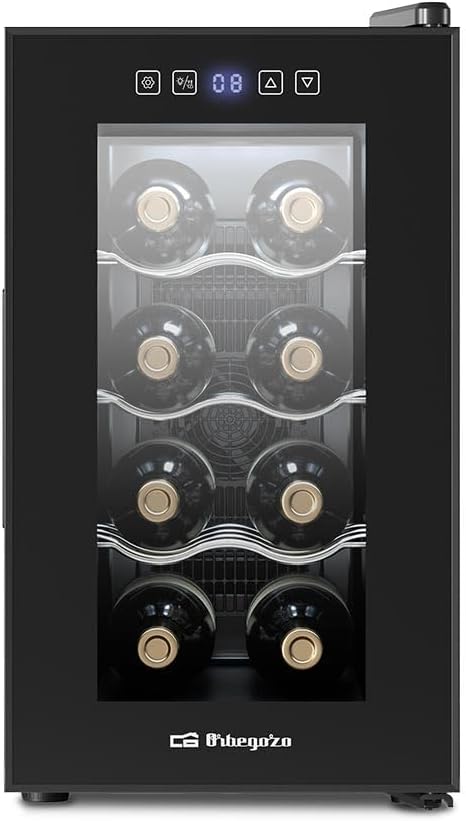Vinoteca de Orbegozo, VT 840 Vinoteca de 8 Botellas Volumen 21 Litros Panel Táctil Pantalla LED Termostato 8-18°C Ventana Doble Aislamiento Clase