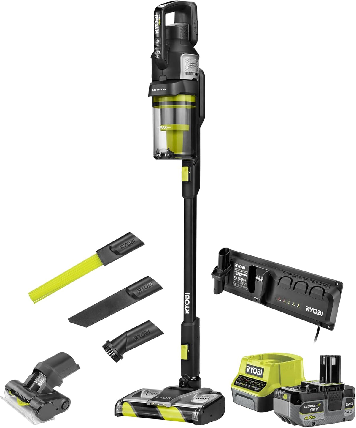 Aspiradoras escoba Aspiradora inalámbrica sin escobillas 18 V One+ RASV18BL-1C40GL, 135 AW de Potencia de succión, filtración ciclónica Doble, Filtro