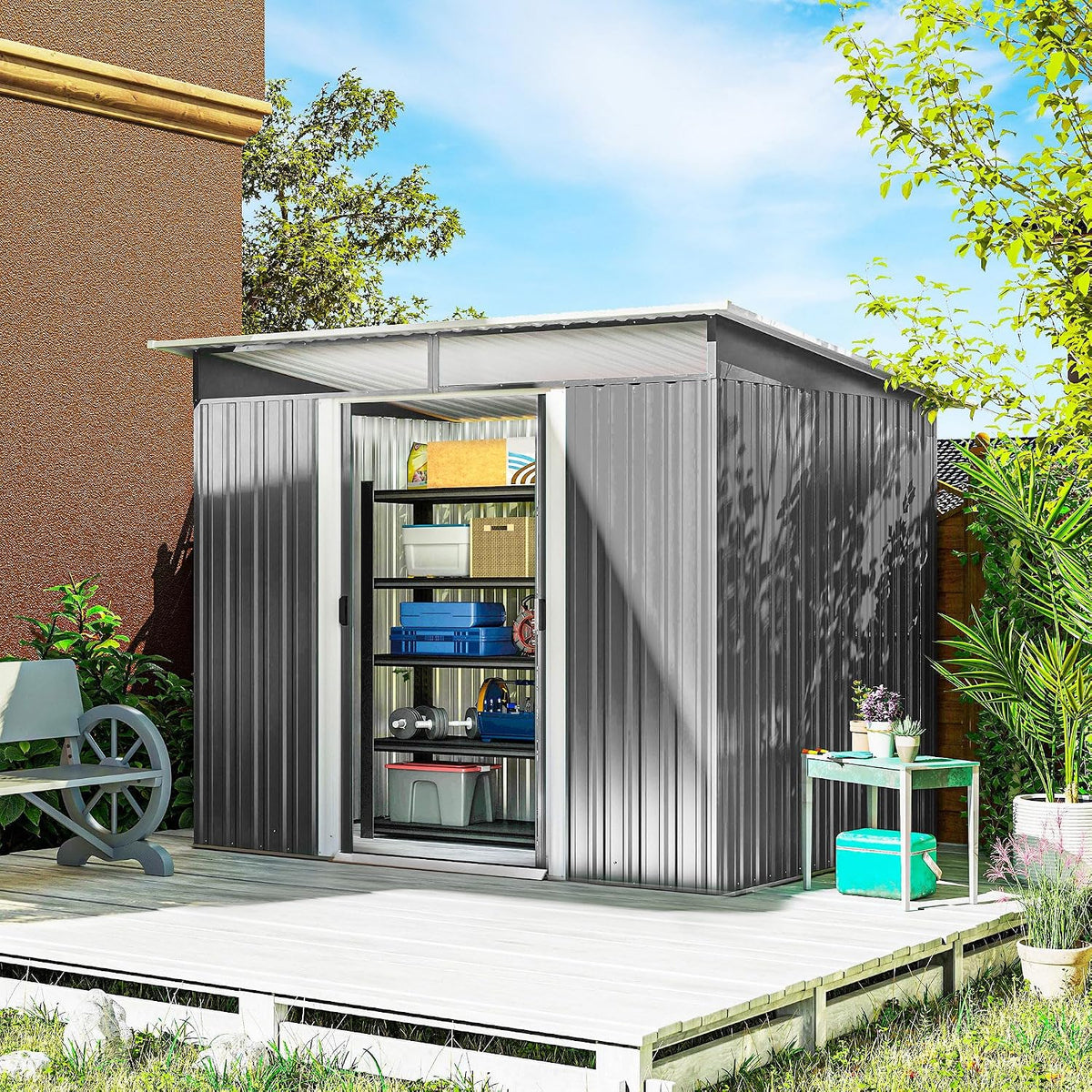 Cobertizos de almacenamiento Cobertizo de Jardín Exterior Metálica 4, 5 m² 260x194x200cm Gris, Outsunny