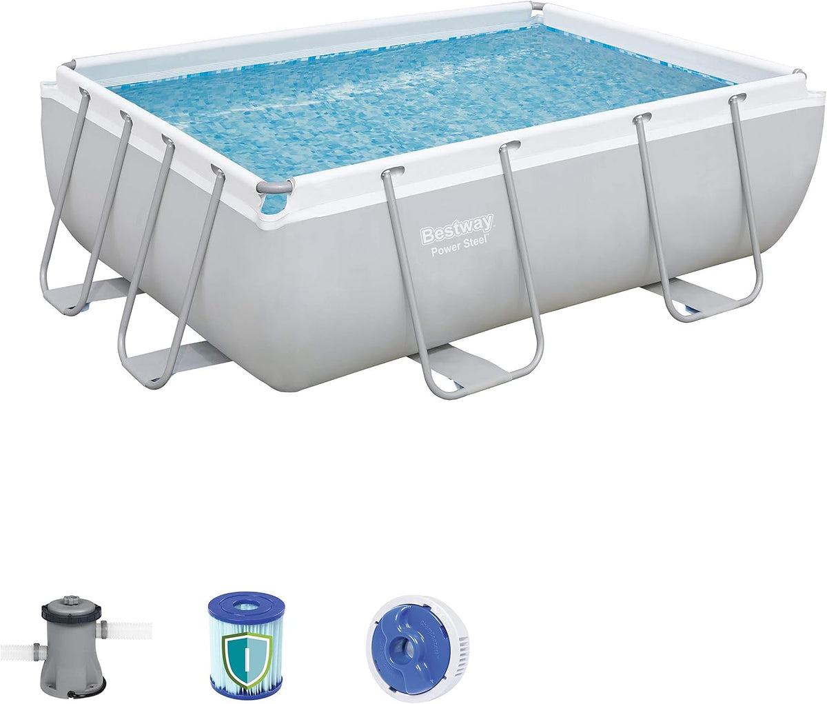 Bestway Piscinas desmontabl, 56629 de GS19 Power Steel Rectangular Pool 282 x 196 x 84 cm, Marco de Acero Juego de Piscina con Bomba de Filtro y