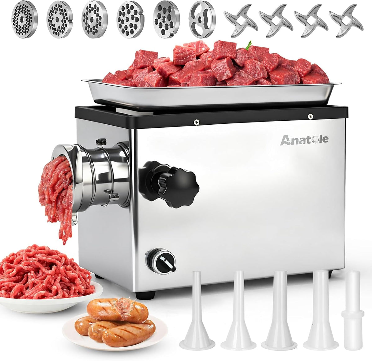 Picadoras de carne Picadora de Carne Eléctrica Comercial 1300W Acero Inoxidable, Anatole