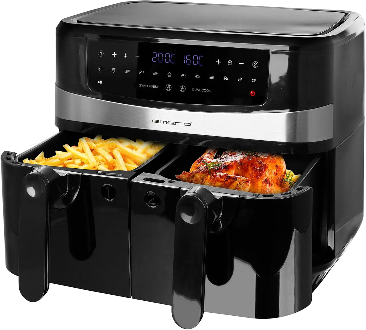 Emerio Freidora de aire, aire caliente digital doble AirFryer Fryer Freír con aire caliente sin aceite adicional, 2 x 5, 0 l, volumen 12 programas