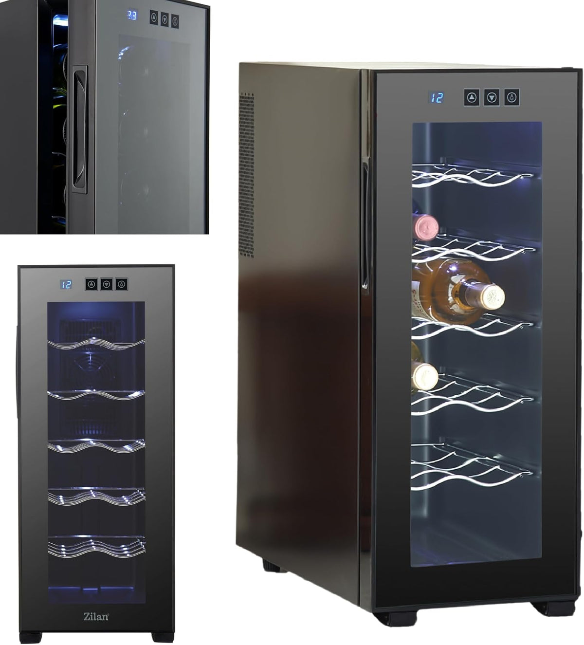 Zilan Frigoríficos para bebida, Refrigerador para vino, independiente, silencioso, 12 botellas, 33 litros, luces LED, enfriador de vino, armario