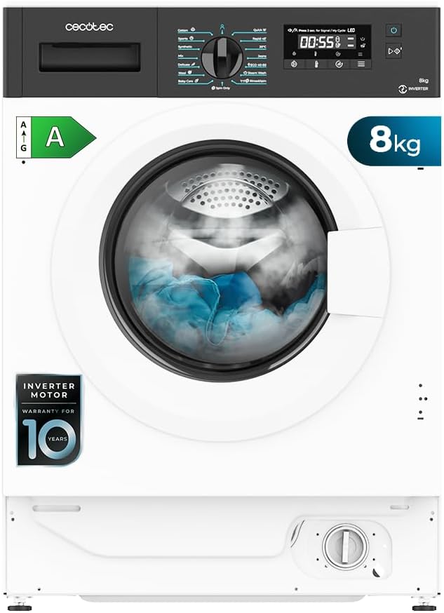 Lavadora Cecotec, 8Kg Integrable Bolero DressCode 840 BI Inverter A. 1400RPM Máximas Regulables, 16 Programas, Bajo Consumo, Motor Inverter Plus