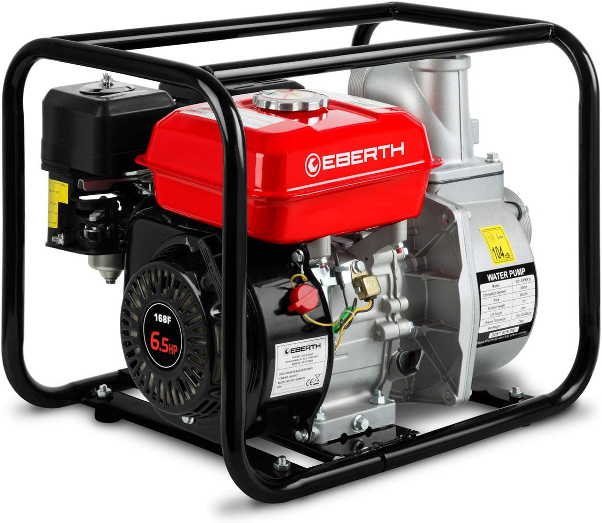 Bomba de EBERTH, Motobomba de agua a gasolina, motor de 4T y 6, 5CV, caudal de 60.000l/h, conexión de 3 pulgadas, altura de aspiración de 7m y de
