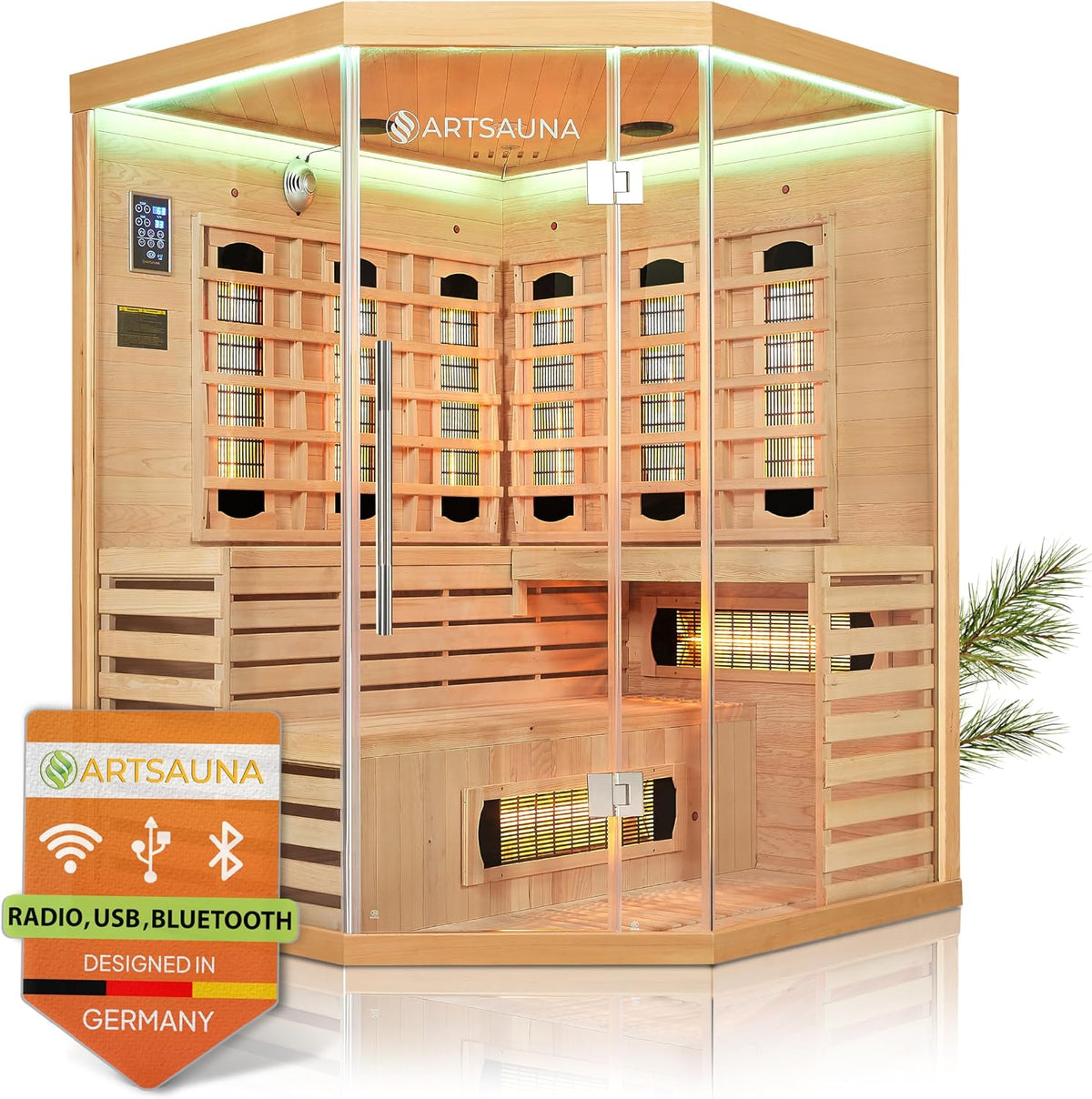 Sauna Cabina de infrarrojos Kiruna150 con 8 focos de espectro completo y 1 foco de superficie, 3 personas, 150 x 150 cm, luz de color LED y frontal de