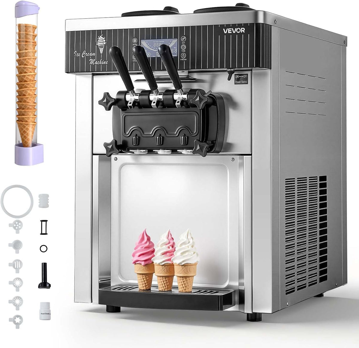 Heladera de VEVOR, Máquina de Helado Suave Comercial 3 Sabores 2200 W, Caudal de 20-28 L/h, Máquina para Hacer Helados Sobremesa con 2 Tolvas de 6 L