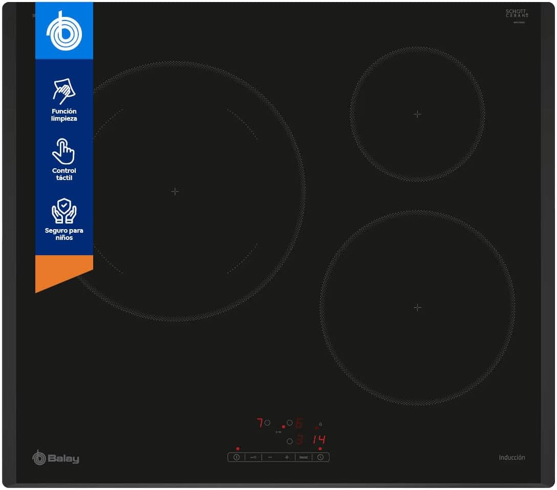 Placa de cocina Inducción, 60 cm, 3 fuegos, Zona de 28 cm, Negro, 3EB965LR, Balay