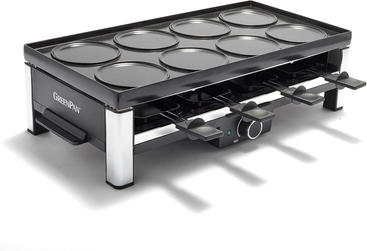 GreenPan Raclett, Bistro Raclette Grill de Cerámica Antiadherente Sin PFAS, Eléctrico de Mesa para 8 Personas, Reversible 3 en 1 Parilla, Plancha y