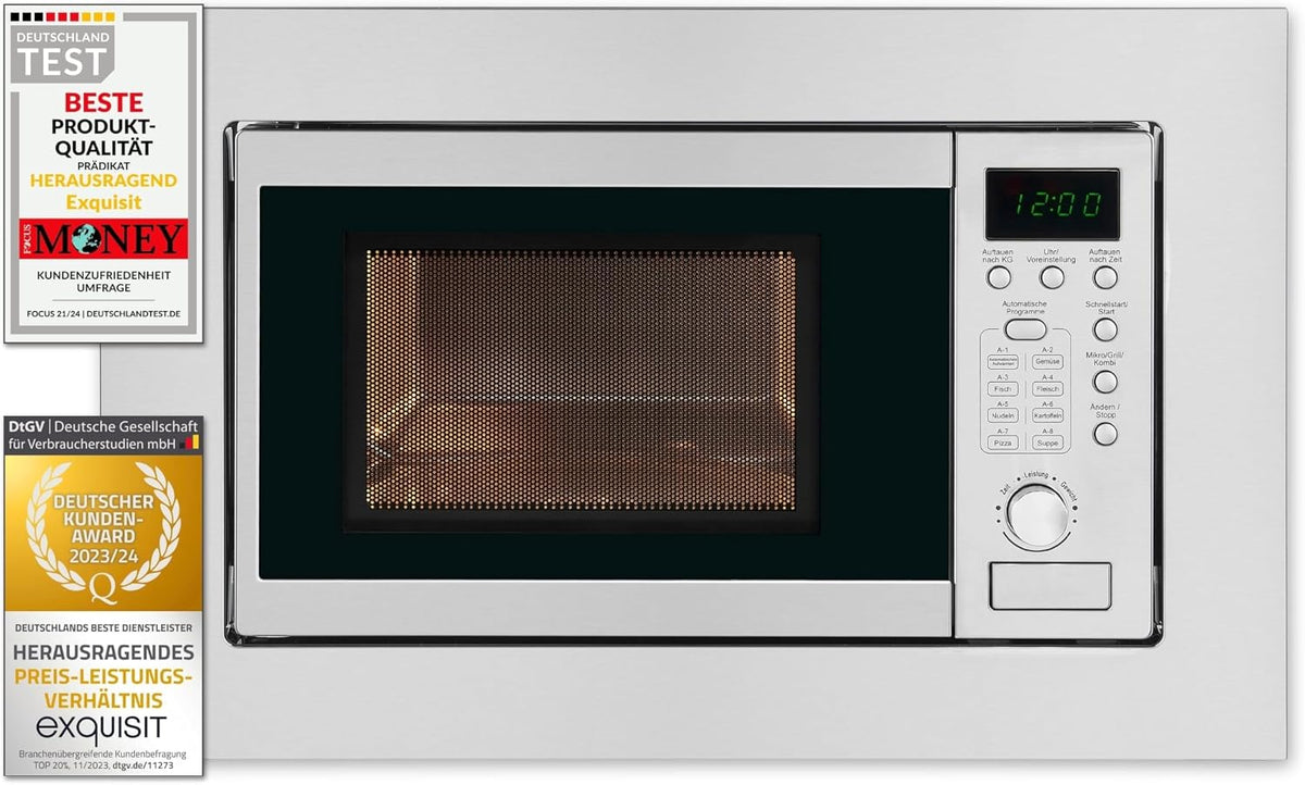 Microondas con grill Microondas de Encastre, 20L, 800W, Grill 1000W, Acabado Acero Inoxidable, Temporizador Digital, Luz Interior, Plato 24, 5Cm
