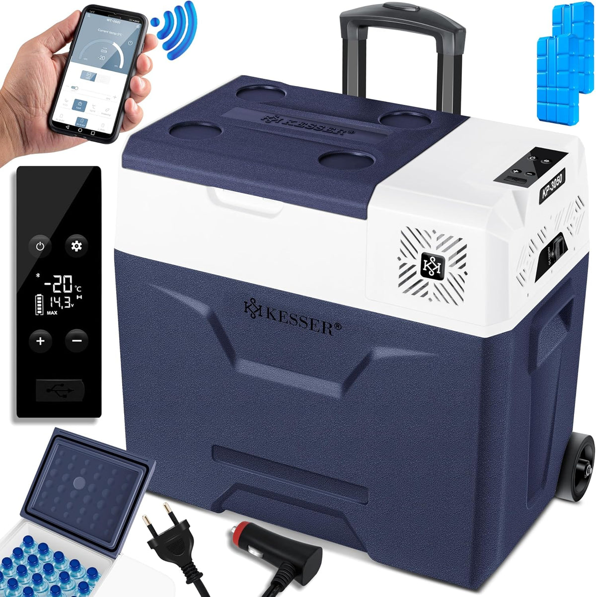 KESSER Nevera portátil, ® Nevera eléctrica portátil de compresor 50 litros, congelador con control APP, conexión USB 12/24 V 230 V, + ruedas de