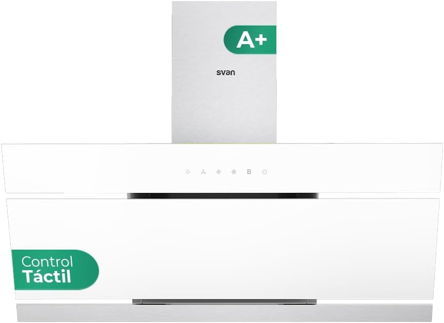 SVAN SVCC1960B Campana extractora, Inclinada 90cm Cristal blanco. Potencia 600m3/h, Tiro Doble, 3 Velocidades, Control Táctil, Filtro apto para