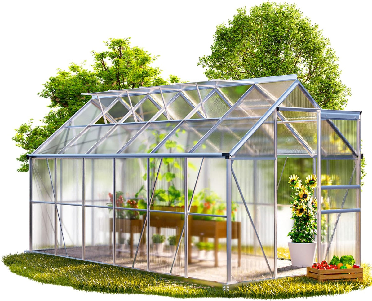 Invernadero ® Invernadero Jardín Exterior Cimiento 7, 2 m² 4 Ventanas 380x190 cm Caseta Puerta Aluminio Vivero Cultivos Tomates Plantas Hortalizas