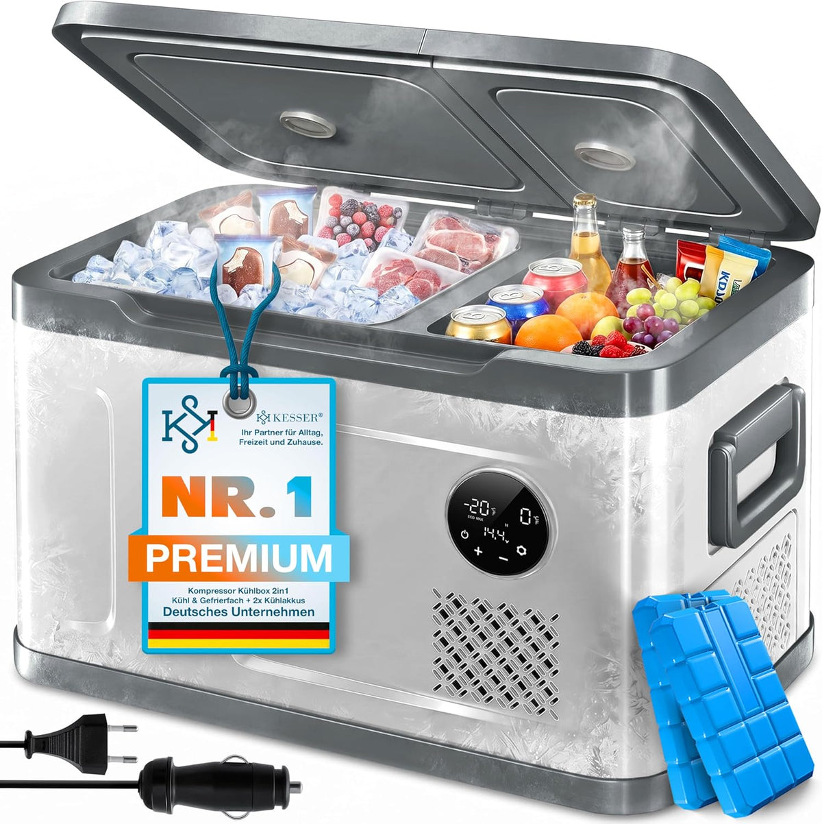 Nevera portátil ® Nevera eléctrica de compresor 2 en 1, congelador eléctrico de 40 litros, control táctil LED, 12/24V y 230V, enfriamiento hasta -20