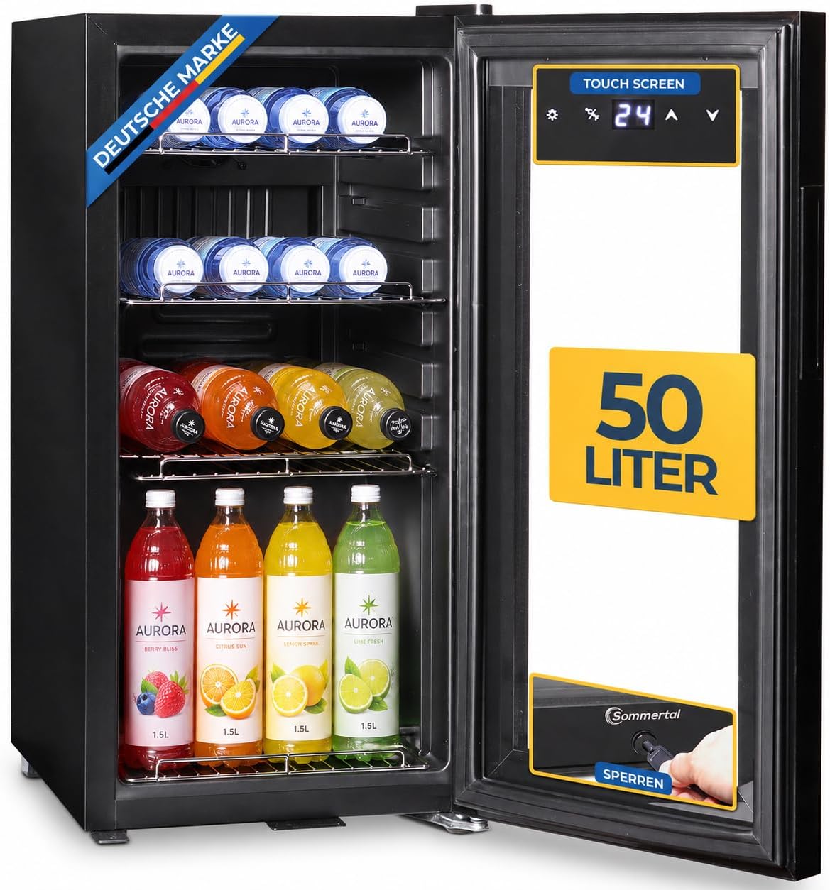 Sommertal Mini frigorífico, Frigorífico con puerta de cristal GK50, Nevera silenciosa con LED, pantalla táctil y cerradura, nevera pequeña para