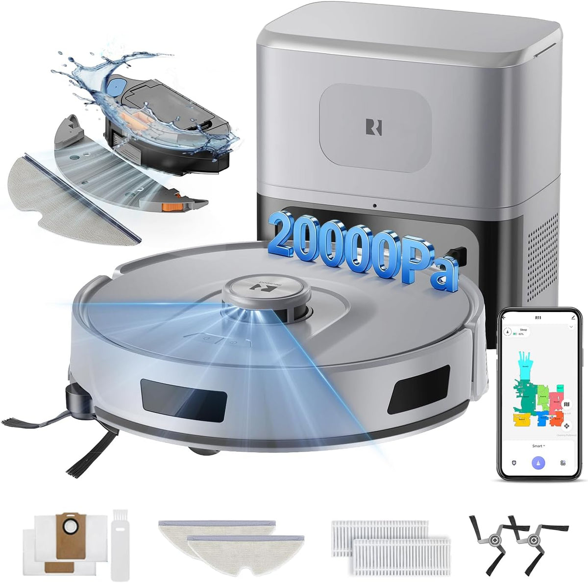 Vozascly Robot aspirador, R11 Robot Aspirador y Fregasuelos con Mapeo, 20000Pa, Estación de Vaciado Automático 120 Días, Navegación LiDAR, WiFi App