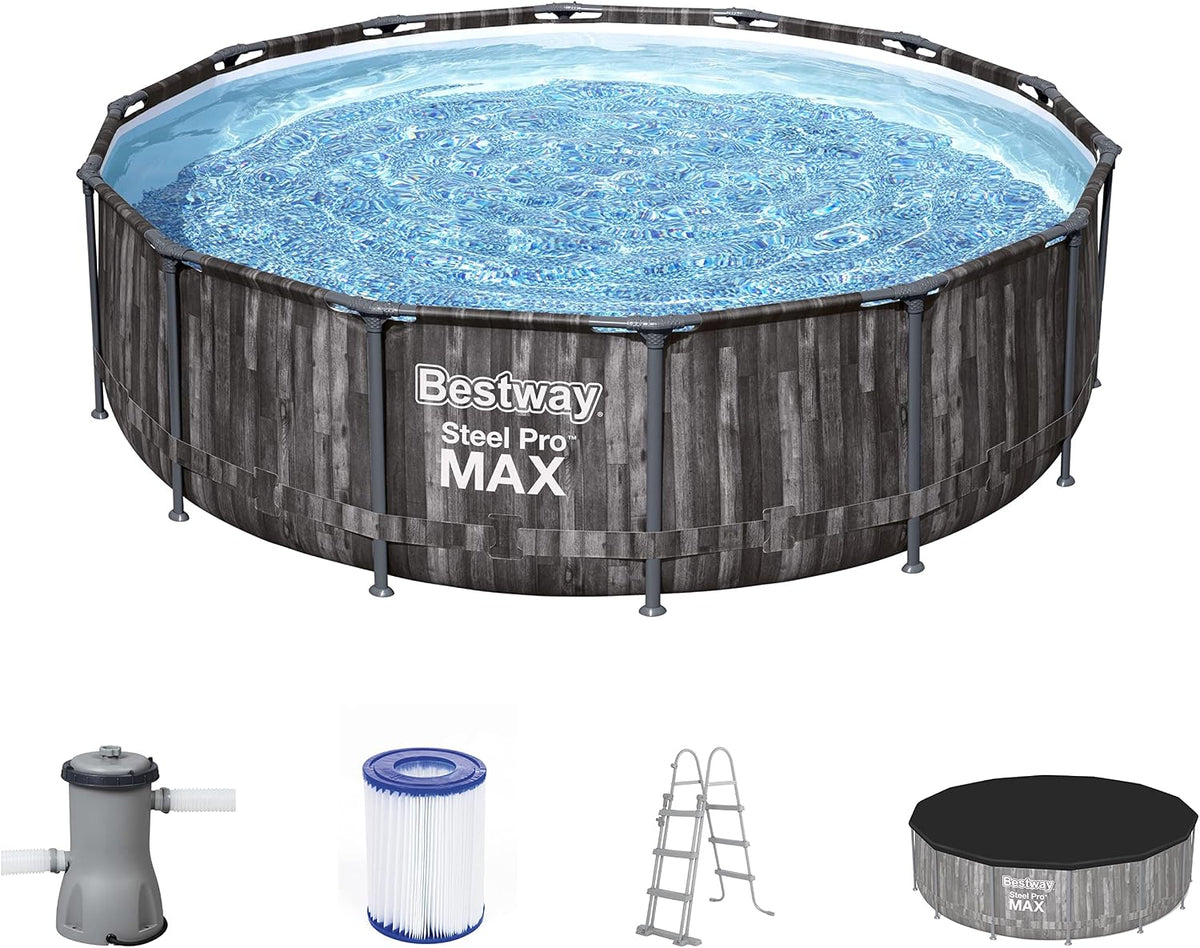 Piscinas desmontabl de Bestway, Steel Pro MAX Frame - Juego Completo de Piscina con Bomba de Filtro (427 x 107 cm, Efecto Madera de Color Burdeos)