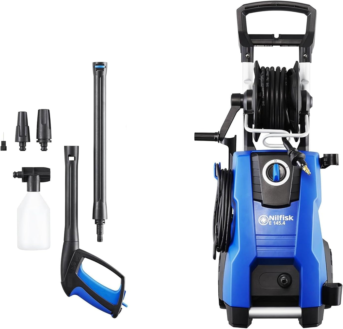 Limpiadoras a presión Hidrolimpiadora de Alta Presión E 145 Bares + Pulverizador de Espuma para Jardín, Patios y Coches (2100 W), Nilfisk